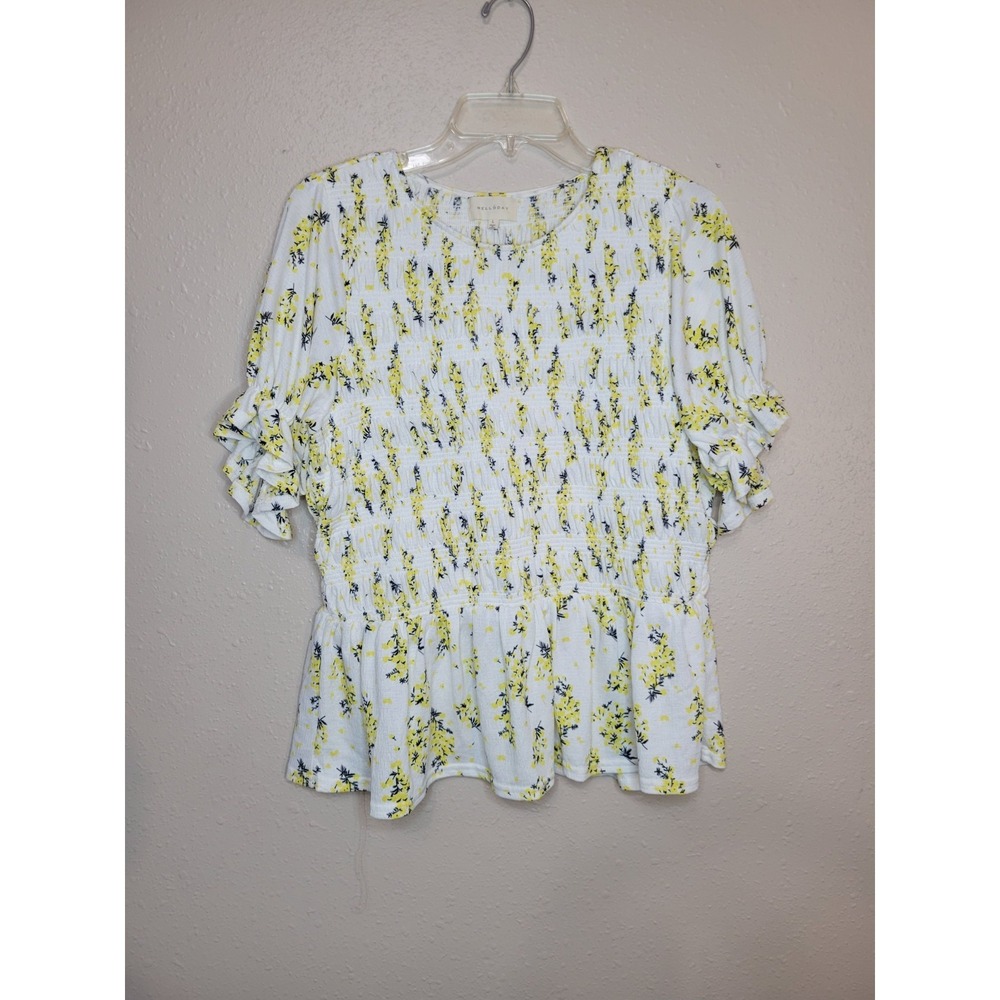 Melloday Women's White Yellow Floral Smocked Blouse Ruffle Short Sleeve Sz L